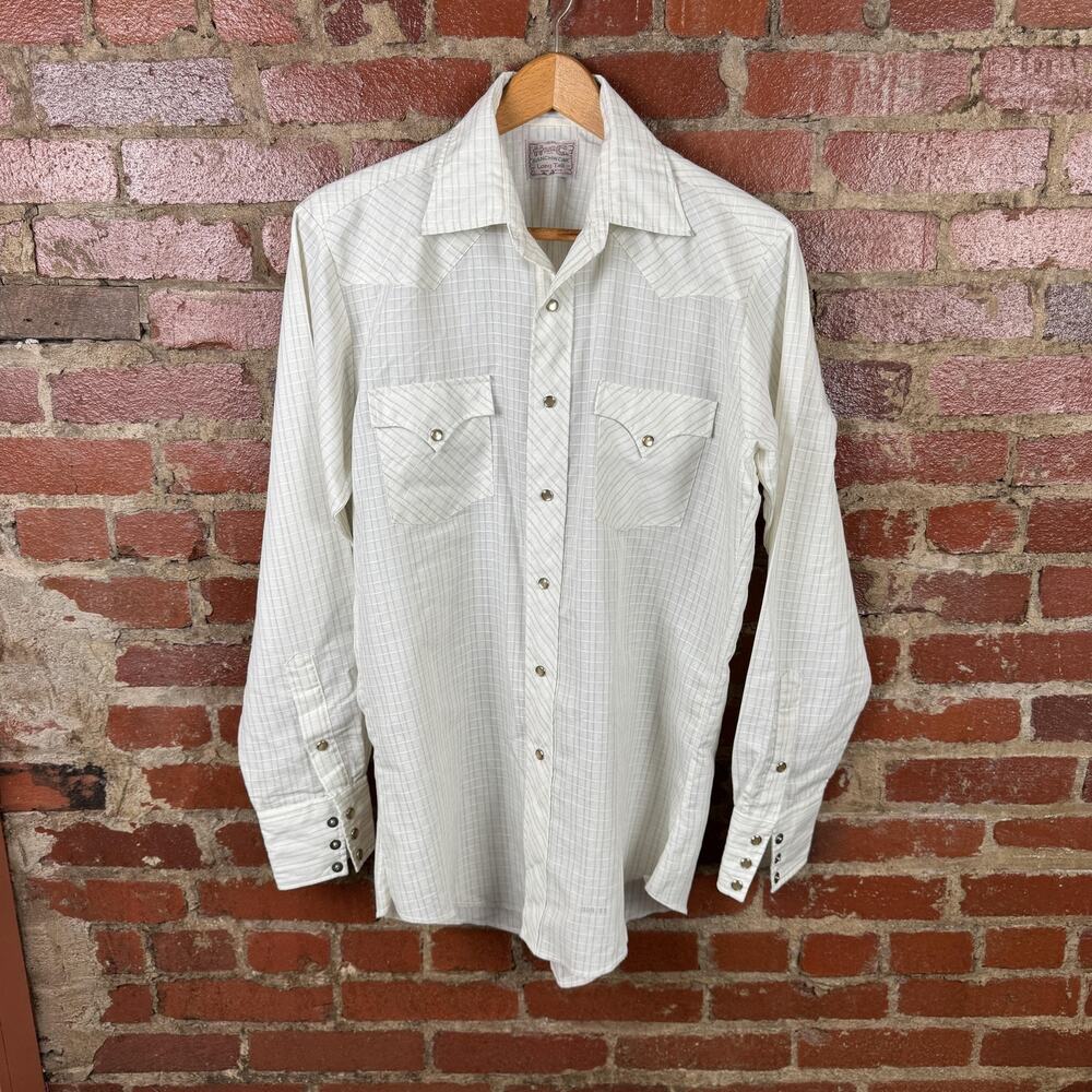 Vintage H Bar C Ranchwear Shirt Mens Large White Check Western Pearl Snap USA